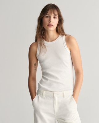 Ribbestrikket tanktop med høy halslinning WHITE XS