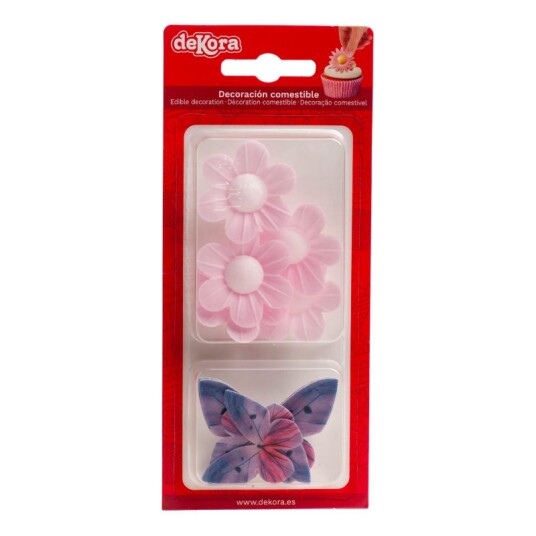 Spiselig Kakepynt  Mini Rosa Blomster Og Lilla Sommerfugler 