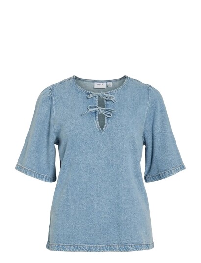 Vila Vikiki O Neck 2/4 Tie Denim Top   Blue   40