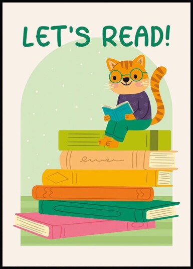 Cat Reading On Book Stack Let’s Read Plakat Plakat / 50x70cm