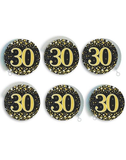 6 stk 30 Års Bursdag Svart og Gullfarget Holografiske Swirls