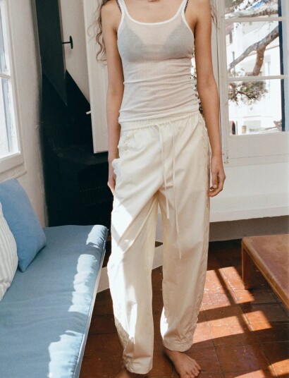Mango 100% Cotton Trousers With Embroidered Stripe   Beige   M
