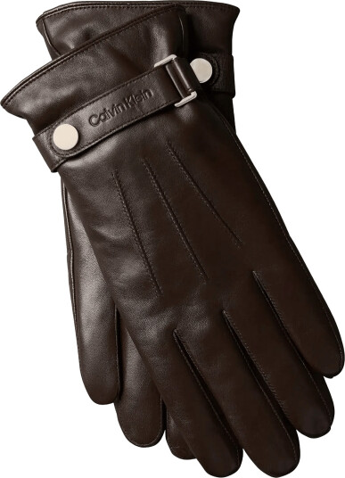 Calvin Klein Logo Strap Smooth Leather Gloves - Brown - M/L
