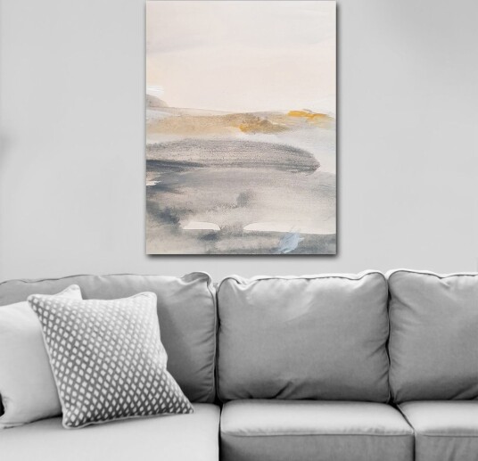 Lerretsbilde 70x100 cm Abstrakt landskap med myke fargeoverganger Grå / Beige / Lys blå