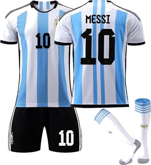 Argentina VM hjemmedrakt for menn Messi #10 Fotballdrakt T-skjorte Shorts Kit Fotball 3-delt sett for barn Voksne-WELLNGS