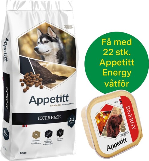 Jaktkampanje Appetitt Extreme 12 kg + 22 Stk Energy Våtfôr Jaktkampanje Appetitt Extreme 12 kg + 22 Stk Energy Våtfôr
