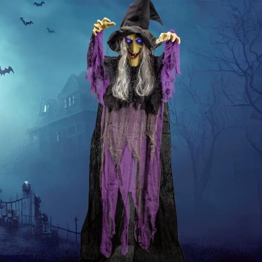 Halloween Animert Flygende Heks med Lysende Øyne og Lyd Lilla CJY