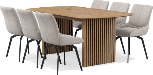 Richeto spisegruppe 180 cm med 6 Mora snurrestoler - Naturlig finish/mørkbeige