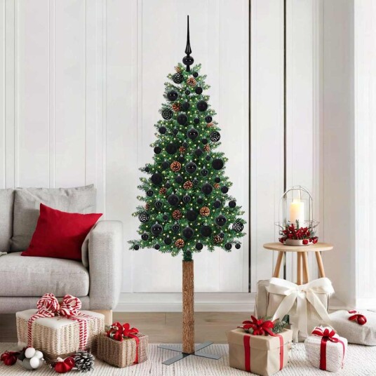  Slim juletre med 300 LED grønn 180 cm PVC og Massivt Furu tre