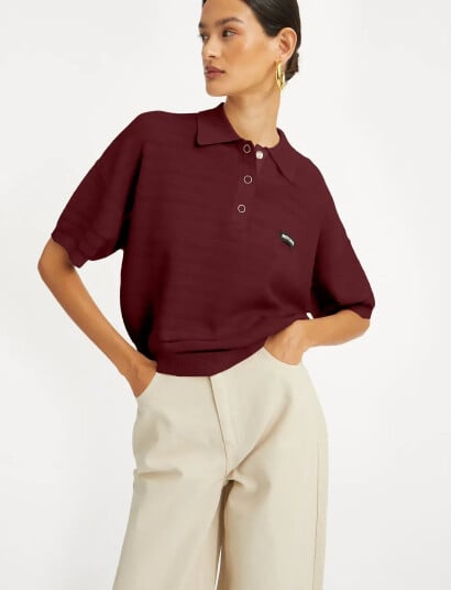 ROTATE Birger Christensen Slinky Knit Polo - Burgundy - XS ROTATE Birger Christensen Slinky Knit Polo - Burgundy - XS