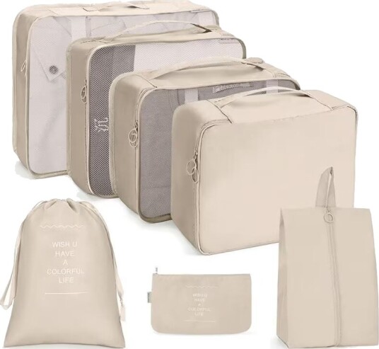 7-delt Organizer-sett for Koffert – Effektiv Pakking og Oppbevaring for Reise - Beige