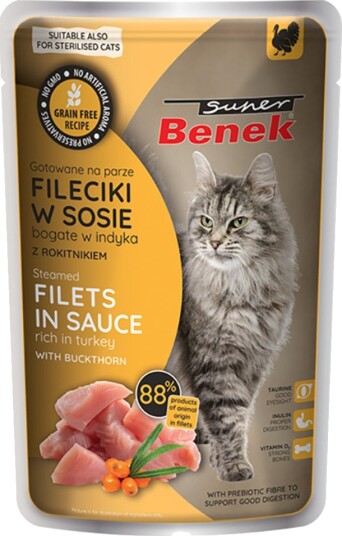 Benek Våtfôr Super Kornfrie Dampede Fileter Med Tindved I Saus Kalkun 56 X 85 G Benek Våtfôr Super Kornfrie Dampede Fileter Med Tindved I Saus Kalkun 56 X 85 G