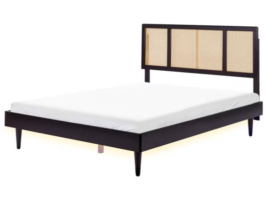 Beliani Seng med LED-lys Svart Lyst tre Gummitre 160 x 200 cm Sengegavl med flettverk Lamellbunn Minimalistisk og rustikk stil Dobbeltseng Sengeramme