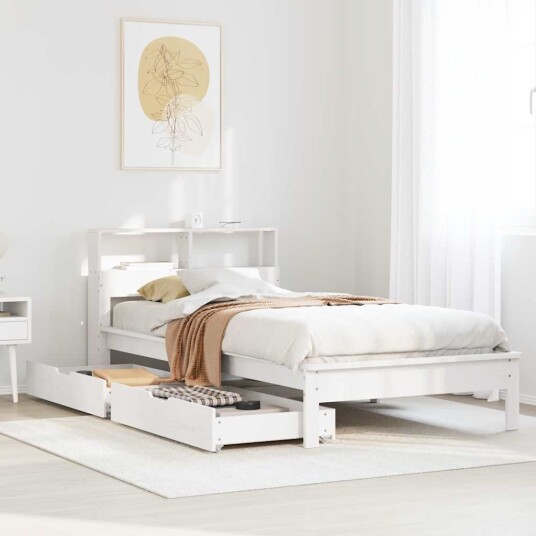 Seng med bokhylle uten madrass hvit 75x190 cm heltre furu 8721158410092