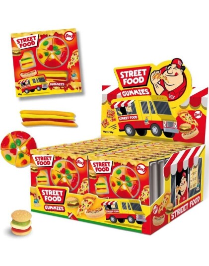 16 stk Street Food Gummies   Vingummi Pizza Burger og Pølse   Hel Eske 672 gram