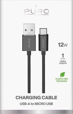 Puro TPE USB A microUSB 12W kabel 1m svart PUCM12WBLK
