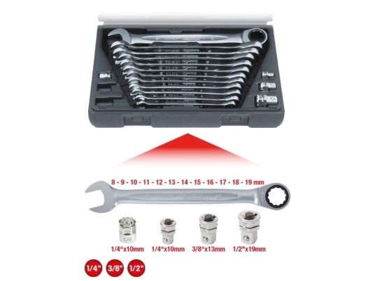 KS Tools GEARplus Kombinasjonsnøkkelsett med Skralle 8-19mm - 16 Deler i Kromvanadiumstål KS Tools GEARplus Kombinasjonsnøkkelsett med Skralle 8-19mm - 16 Deler i Kromvanadiumstål