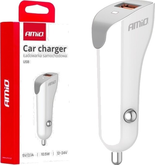 Amio 03873 Bil Lader USB A 2.1A Hvit