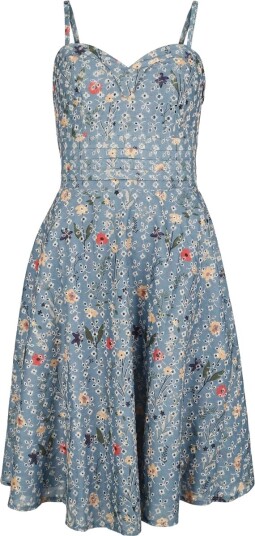 Voodoo Vixen Middellang kjole   Summer Flowers Emb Flare Dress   M til 4XL   Damer   blå