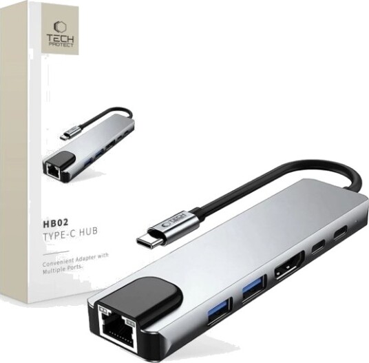 Tech-Protect HB02 6-i-1 USB-C Hub med HDMI 4K 30Hz, RJ45 og 100W PD - Grå Tech-Protect HB02 6-i-1 USB-C Hub med HDMI 4K 30Hz, RJ45 og 100W PD - Grå
