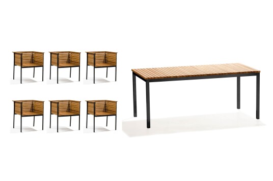 Skargaarden Häringe spisegruppe Teak med svarte detaljer 6 lenestoler & bord 214x95 cm