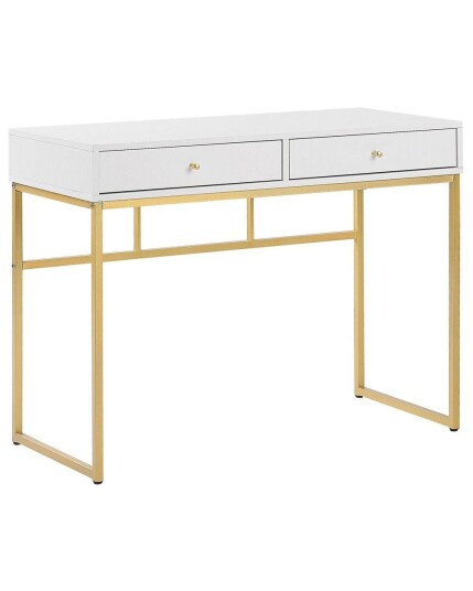 Skrivebord Hvit Gull Metall 100 x 50 cm 2 skuffer Oppbevaring Konsollbord Hjemmekontor Stue Glamour