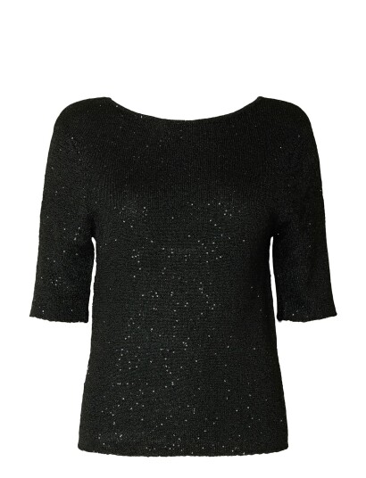 Selected Slfjosie 2/4 Sequin Knit O-Neck Top - Black - L