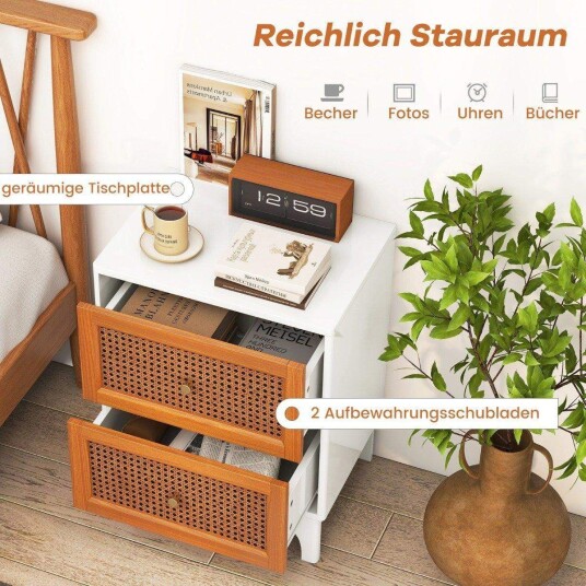 Nattbord nattbord i rotting med 2 skuffer sidebord med heltre ben 46 x 33 x 59,5 cm hvit + brun