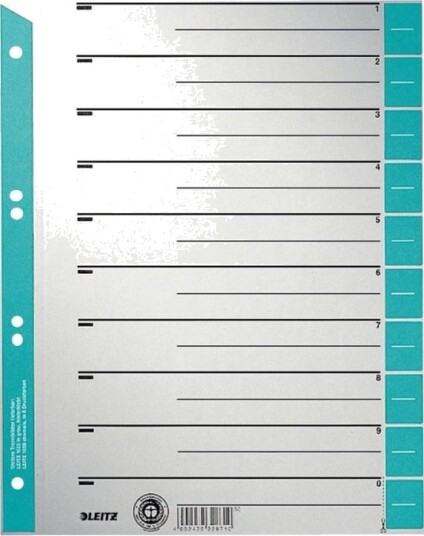 Leitz   Inndeler   10 Deler   Fortrykt: 0 9   For A4 210 X 297 Mm   Med Fliker   Lys Blå