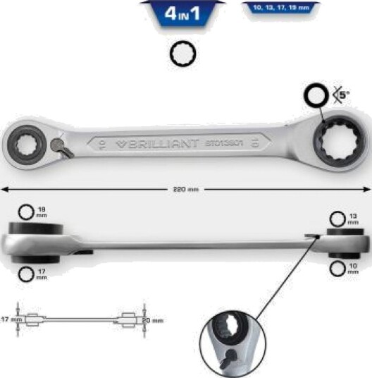 Ks Tools Dobbelthodet Skralleringnøkkel 10-19mm 220mm Håndverktøy