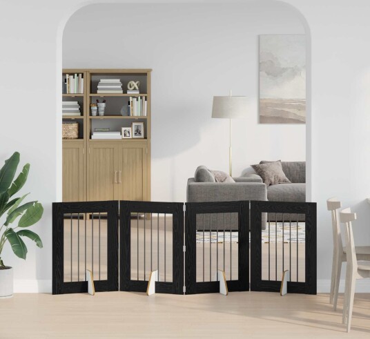 Vidaxl Foldbar Hundegitter Med Stativer 4 Stk. Svart Eik 241 cm