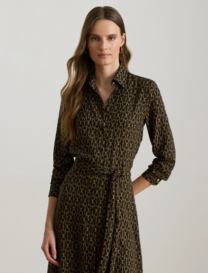 Lauren Ralph Lauren Chain-Print Crepe Shirtdress - Black - 34