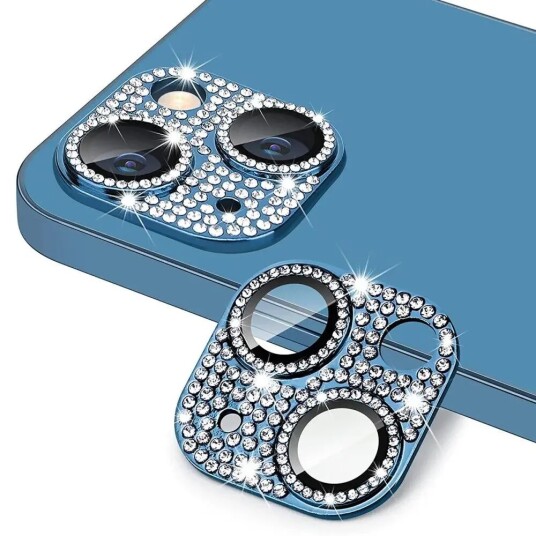 iPhone 13 / 13 Mini Enkay Glassbeskyttelse for Kameralinse m. Rhinstenen - Blå iPhone 13 / 13 Mini Enkay Glassbeskyttelse for Kameralinse m. Rhinstenen - Blå