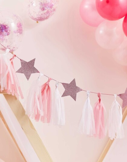 Banner med Dusker og Stjerner i Rosa og Hvit 2 meter Pamper Party