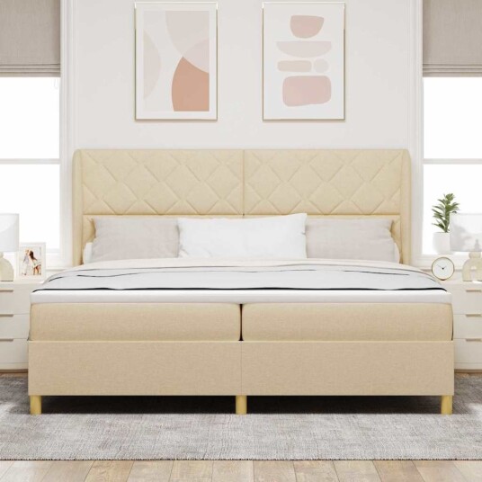 Krem Box Spring Seng med Madrass 200x200 cm Tekstil