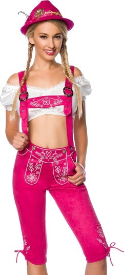 Lang Rosa Lederhosen til Dame med Lommer og Broderi Strl 36