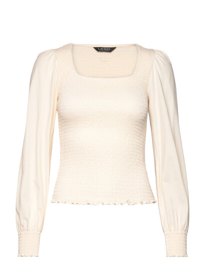 Lauren Ralph Lauren Smocked Jersey Blouson-Sleeve Top - Cream - XL