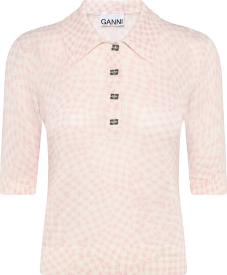 Ganni Sheer Cotton Printed Polo Pink M