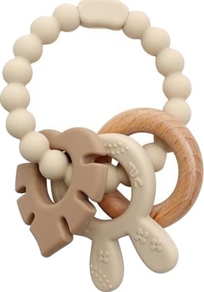 Magni Teether bracelet, silicone with wooden ring leaves and bunny-ears appendix Beige 5577