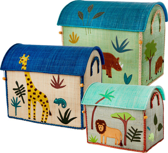 Rice Large Set of 3 Toy Baskets Blue Jungle Theme Rice Large Set of 3 Toy Baskets Blue Jungle Theme