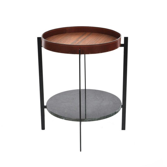 Ox Denmarq Deck Sidebord Svart Ramme Teak/Cognacfarget Grønn Marmor