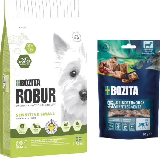 Bozita Robur Tørrfôr Adult + Meaty Bites Med Reinsdyr Og And På Kjøpet Small Breed Sensitive Lam 7.5 kg 12 kg 2 X 70 G 7.5 kg