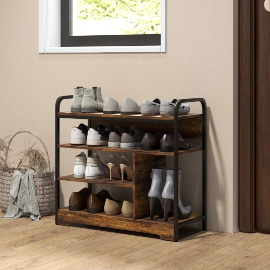 Skostativ skostativ 4 nivåer med håndtak for maks 11 par sko skostativ for inngang gang 70 x 30 x 65 cm rustikk brun. Skostativ skostativ 4 nivåer med håndtak for maks 11 par sko skostativ for inngang gang 70 x 30 x 65 cm rustikk brun.
