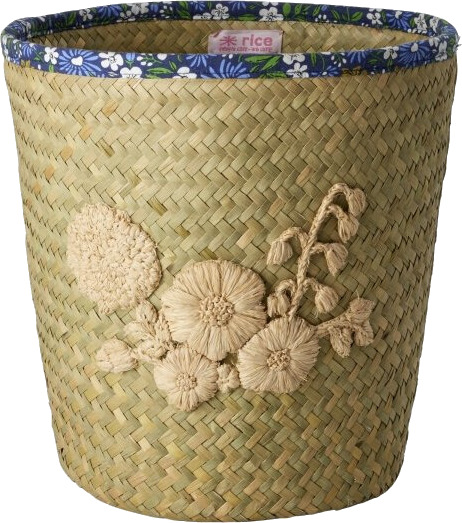 RICE Raffiakurv med broderi av naturblomster kant av blomsterstoff