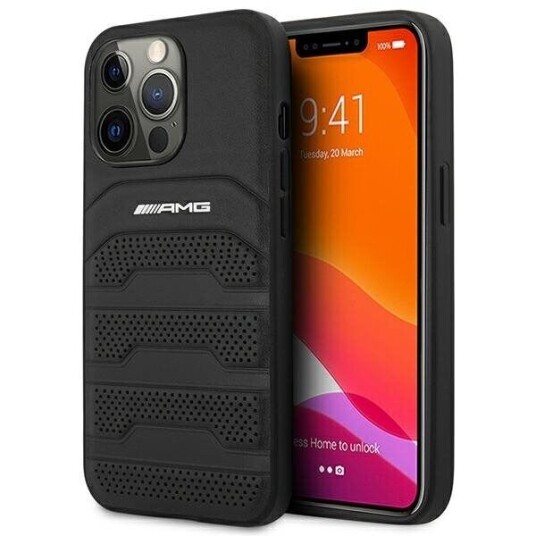 Mercedes AMG Lærdeksel til iPhone 14 Pro med pregede linjer - Svart