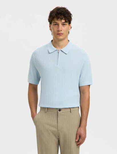 Selected Slmcran Ss Knit Structure Zip Polo Noos   Blue   M