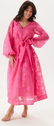 Bubbleroom Occasion Overlap Balloon Sleeve Midi Dress Pink XS