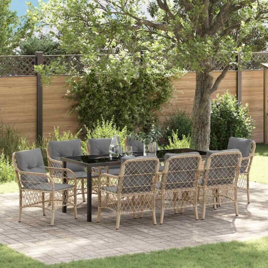 9-Personers Hage Spisebord Sett Med Puter Beige Poly Rattan