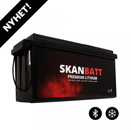 SKANBATT Premium Lithium 24V 100Ah 100A BMS 502x186x242mm Bluetooth Heat 8 Års garanti