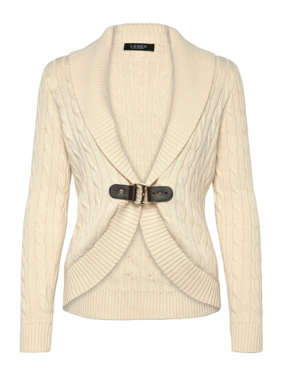 Lauren Ralph Lauren Buckle-Trim Cable Shawl-Collar Cardigan - Cream - L